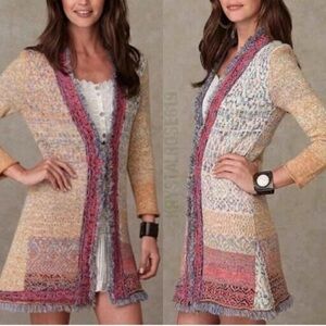 Free People Multicolor Crochet Trim Duster Cardigan - Pink, Blue, Cream